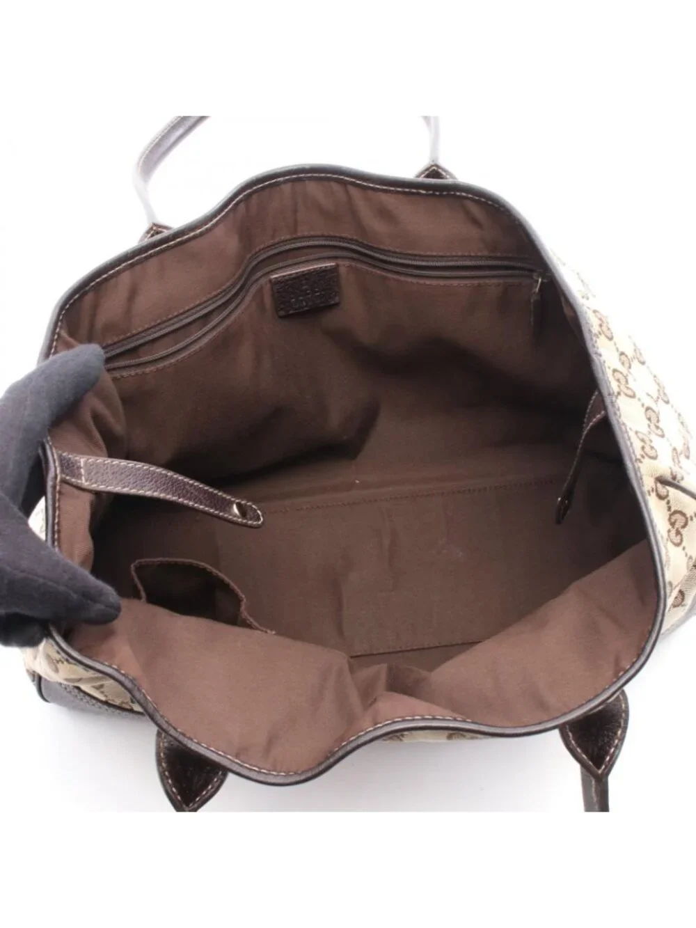 Gucci Tote Prince Sherry Line Beige Dark Brown Canvas Leather Ribbon